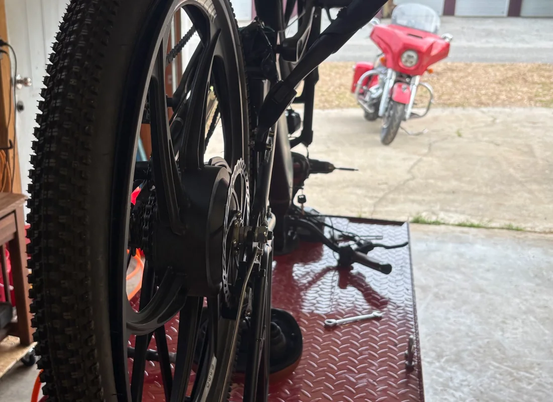 Motorcycle tire service on a shop lift